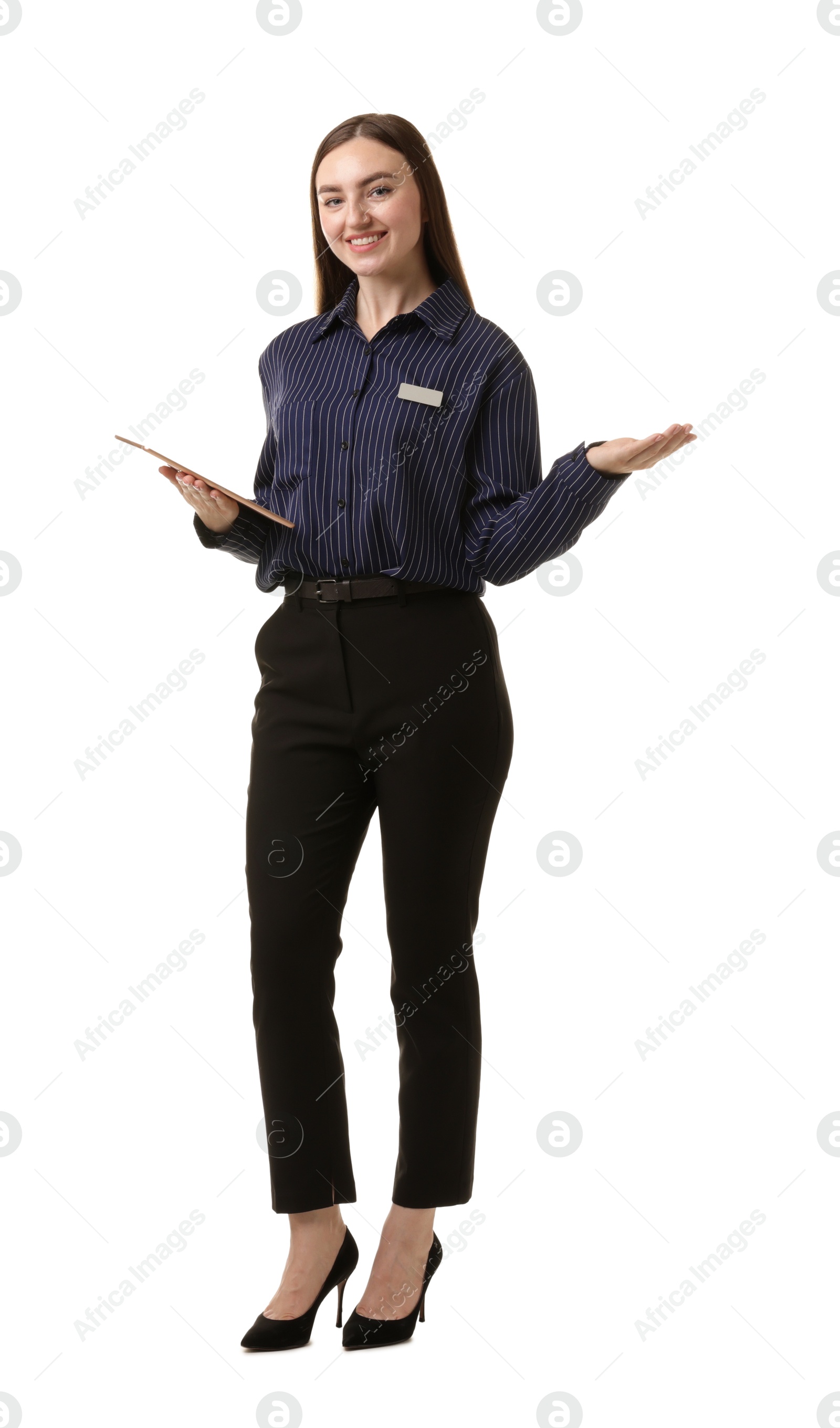 Photo of Hostess in uniform with tablet on white background