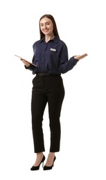 Photo of Hostess in uniform with tablet on white background