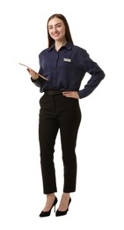 Photo of Hostess in uniform with tablet on white background