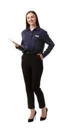 Photo of Hostess in uniform with tablet on white background