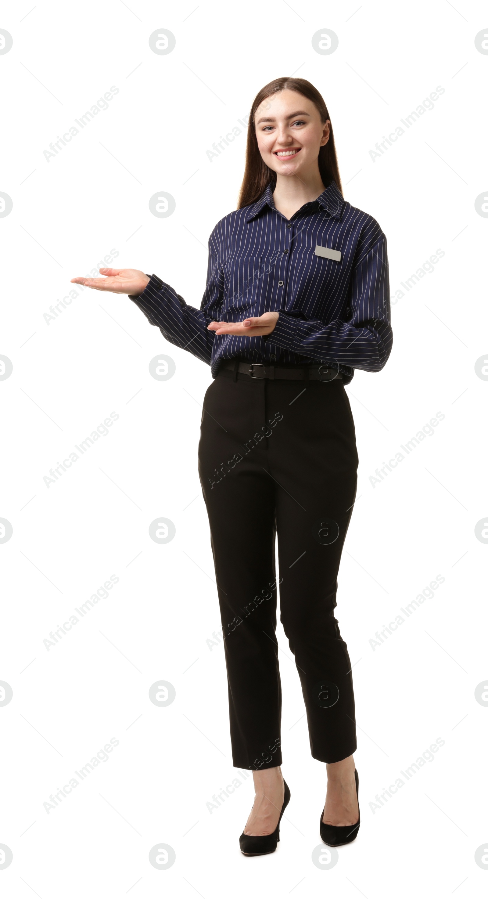 Portrait of hostess in uniform on white background Photo of Portrait of hostess in uniform on white background
