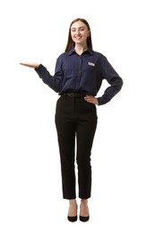 Photo of Portrait of hostess in uniform on white background
