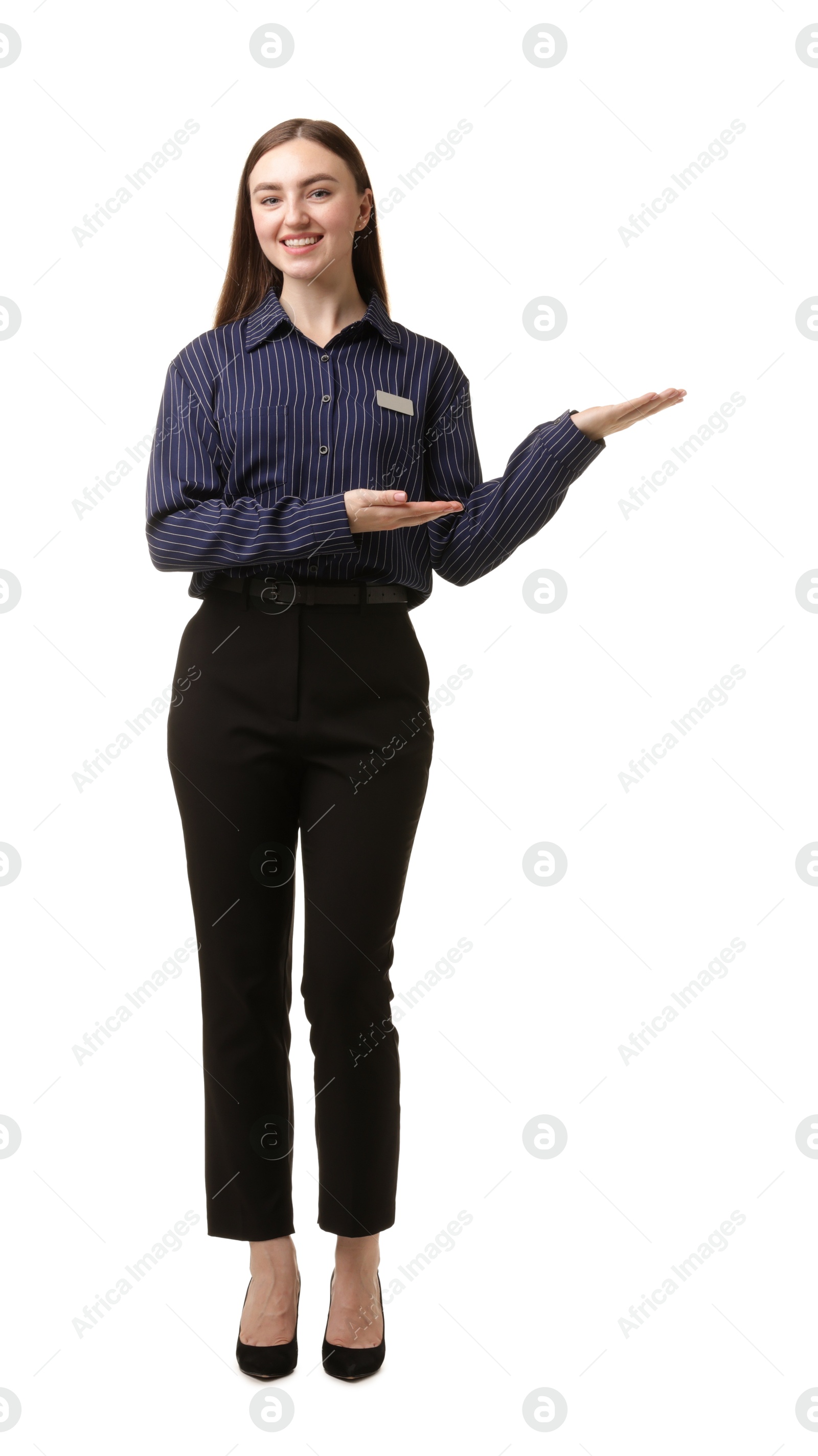 Photo of Portrait of hostess in uniform on white background