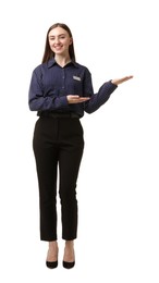 Photo of Portrait of hostess in uniform on white background