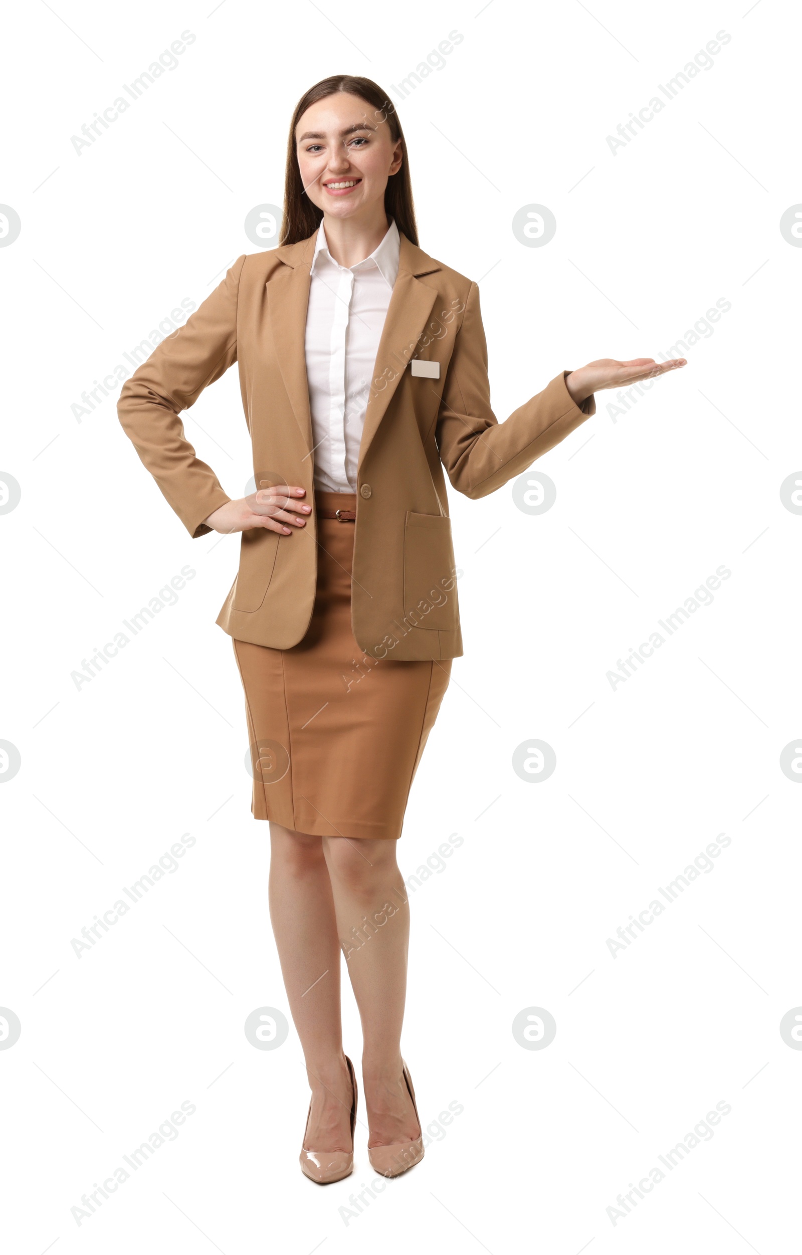 Portrait of hostess in uniform on white background Photo of Portrait of hostess in uniform on white background
