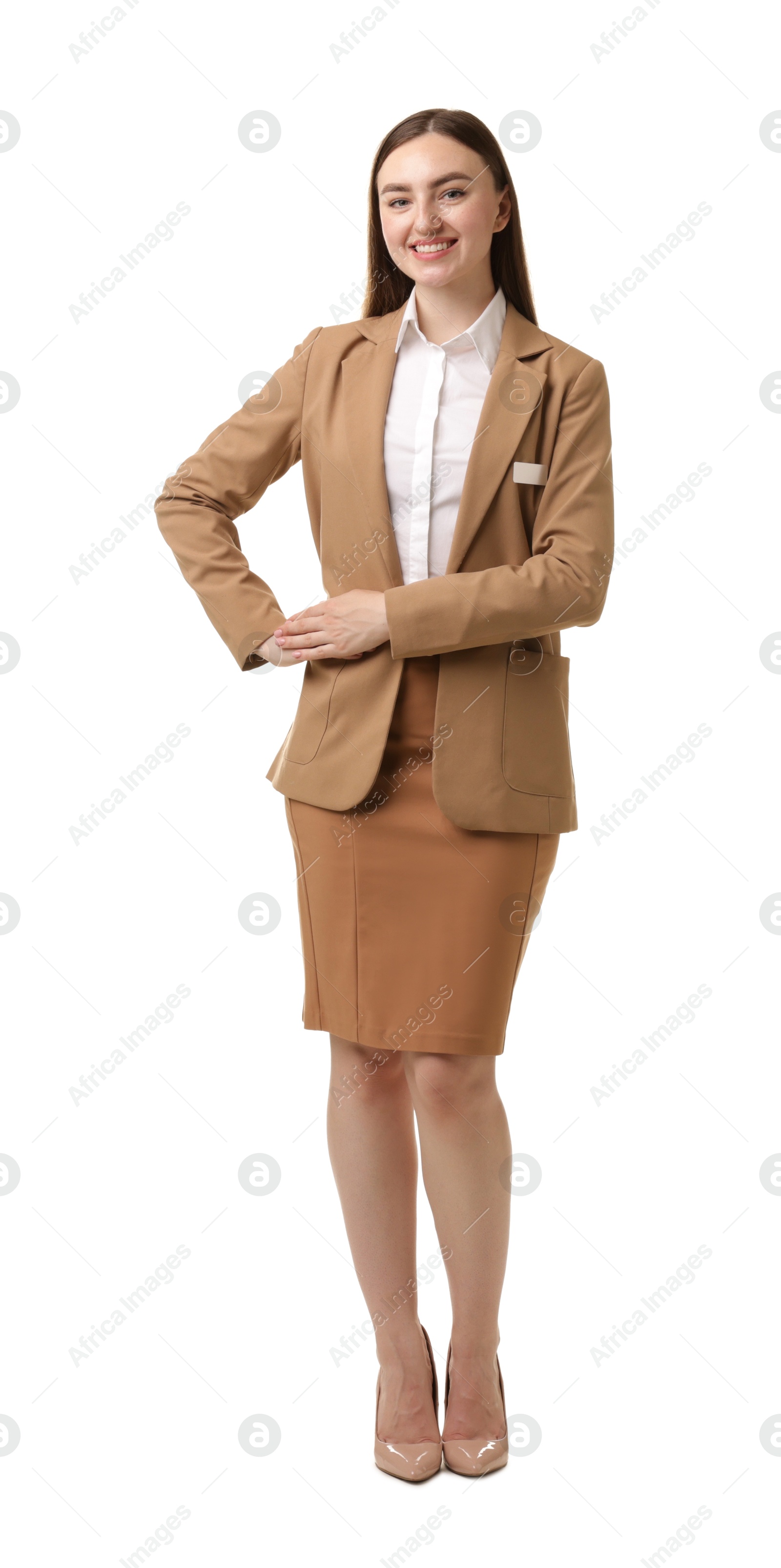 Photo of Portrait of hostess in uniform on white background