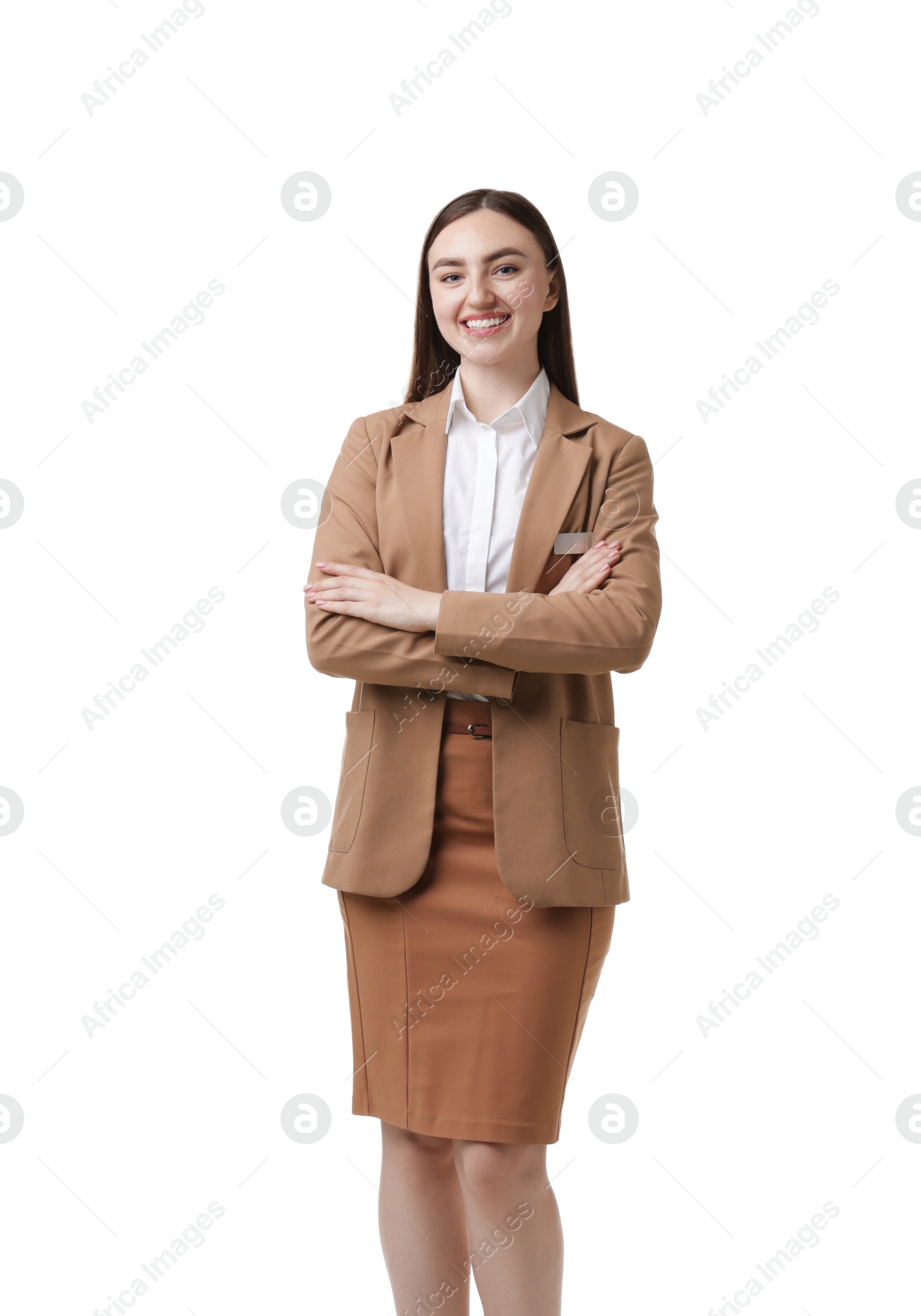 Photo of Portrait of hostess in uniform on white background