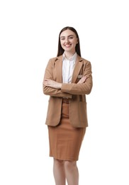 Photo of Portrait of hostess in uniform on white background