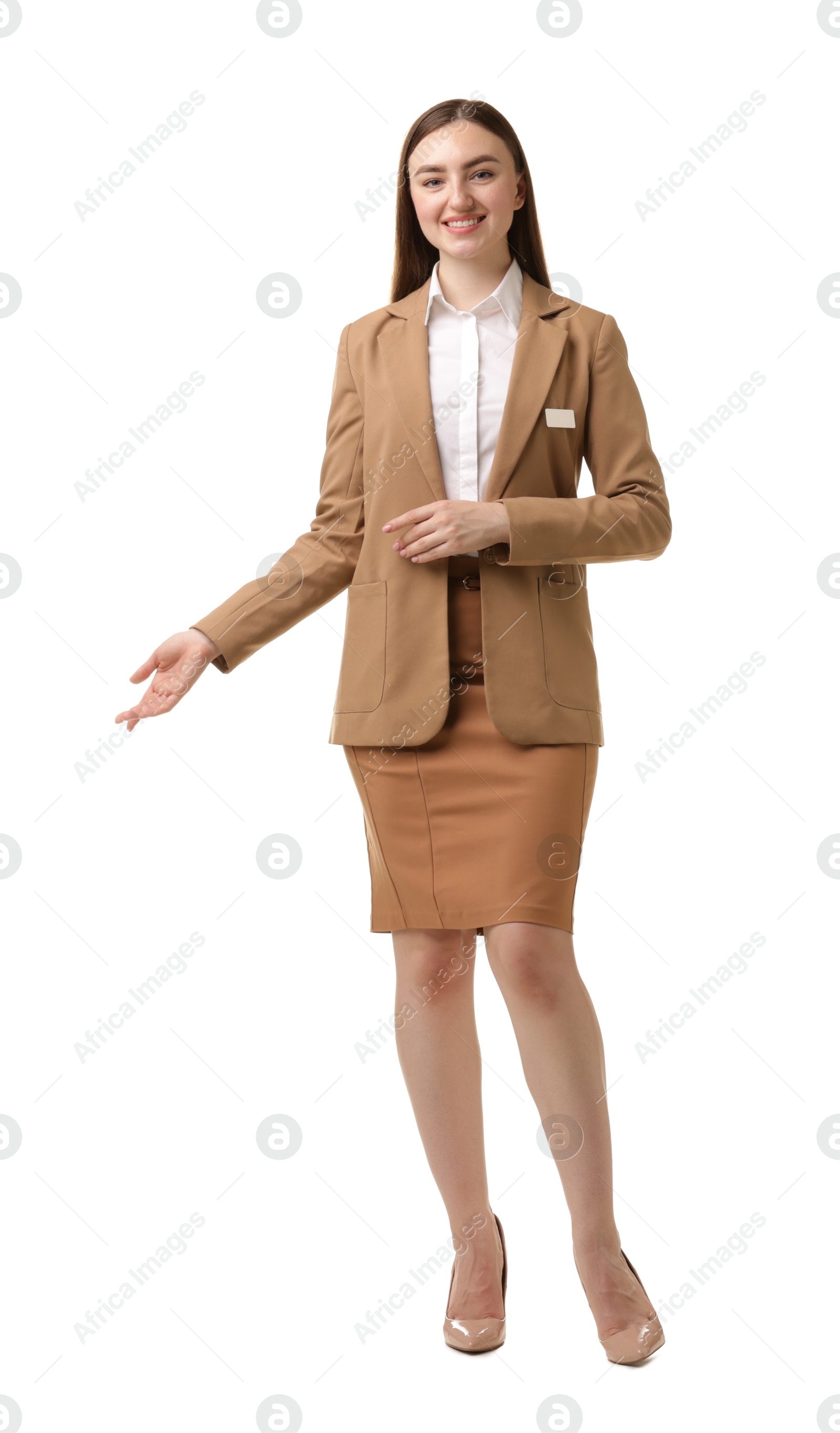 Photo of Portrait of hostess in uniform on white background