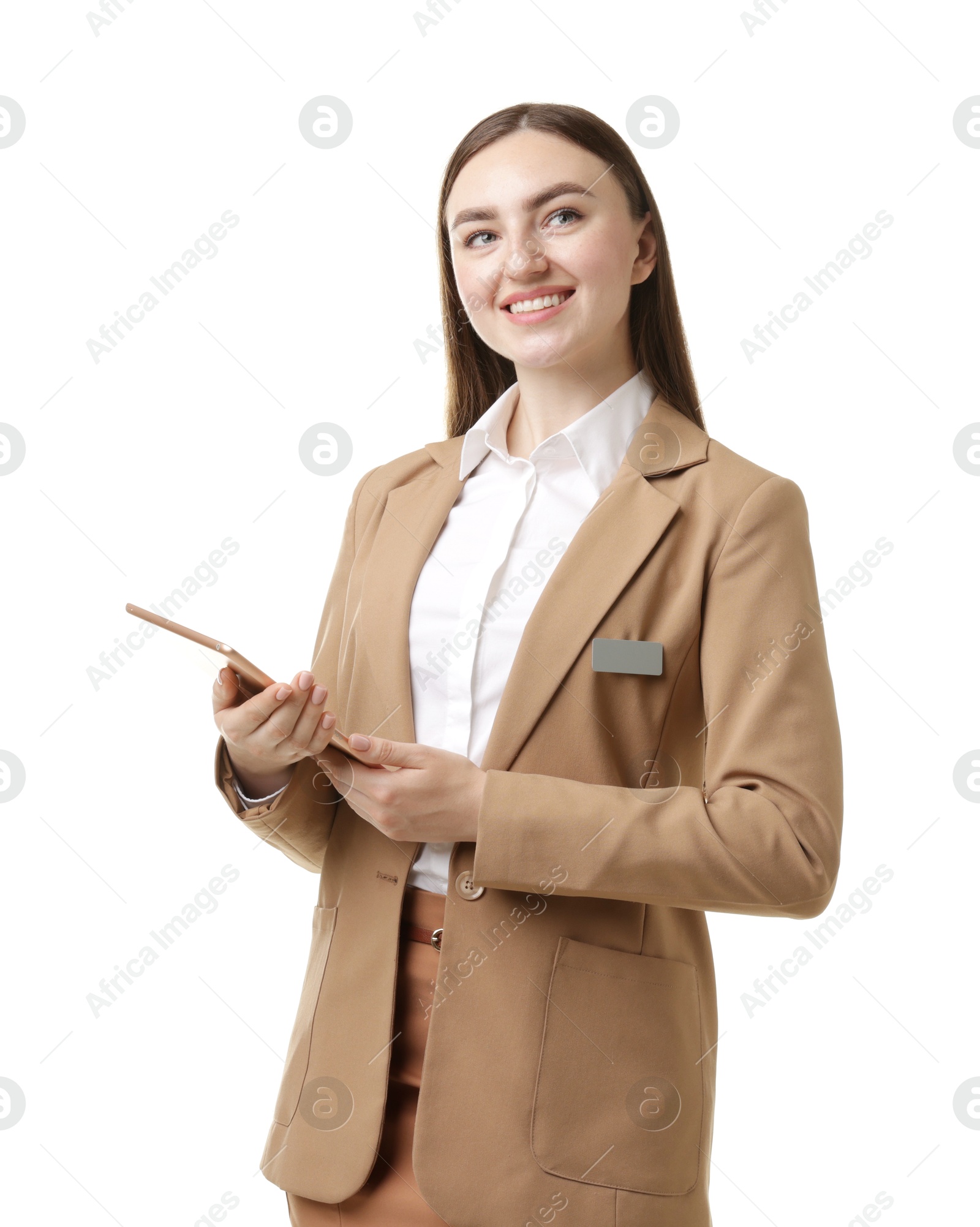 Photo of Hostess in uniform with tablet on white background