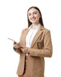 Photo of Hostess in uniform with tablet on white background