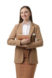 Photo of Hostess in uniform with tablet on white background