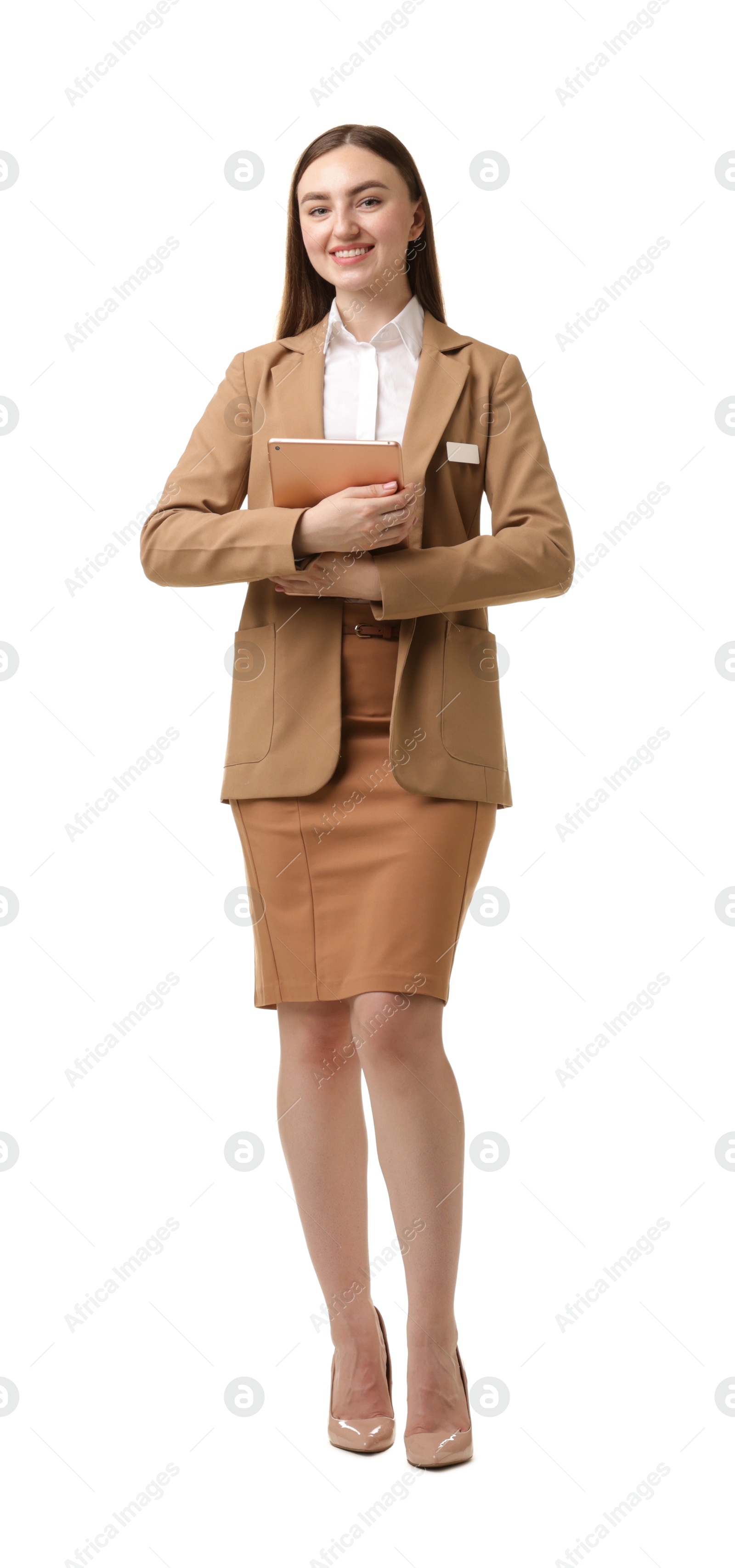 Photo of Hostess in uniform with tablet on white background
