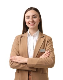 Photo of Portrait of hostess in uniform on white background