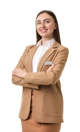 Photo of Portrait of hostess in uniform on white background
