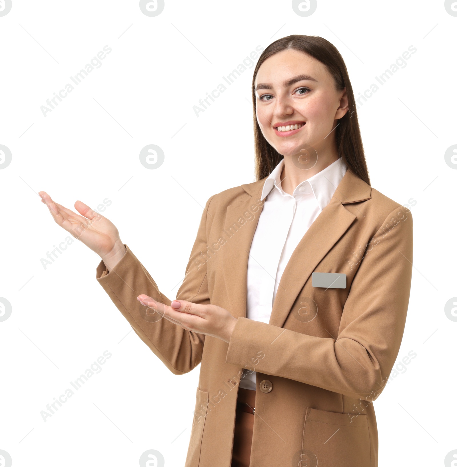 Photo of Portrait of hostess in uniform on white background