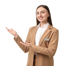 Photo of Portrait of hostess in uniform on white background