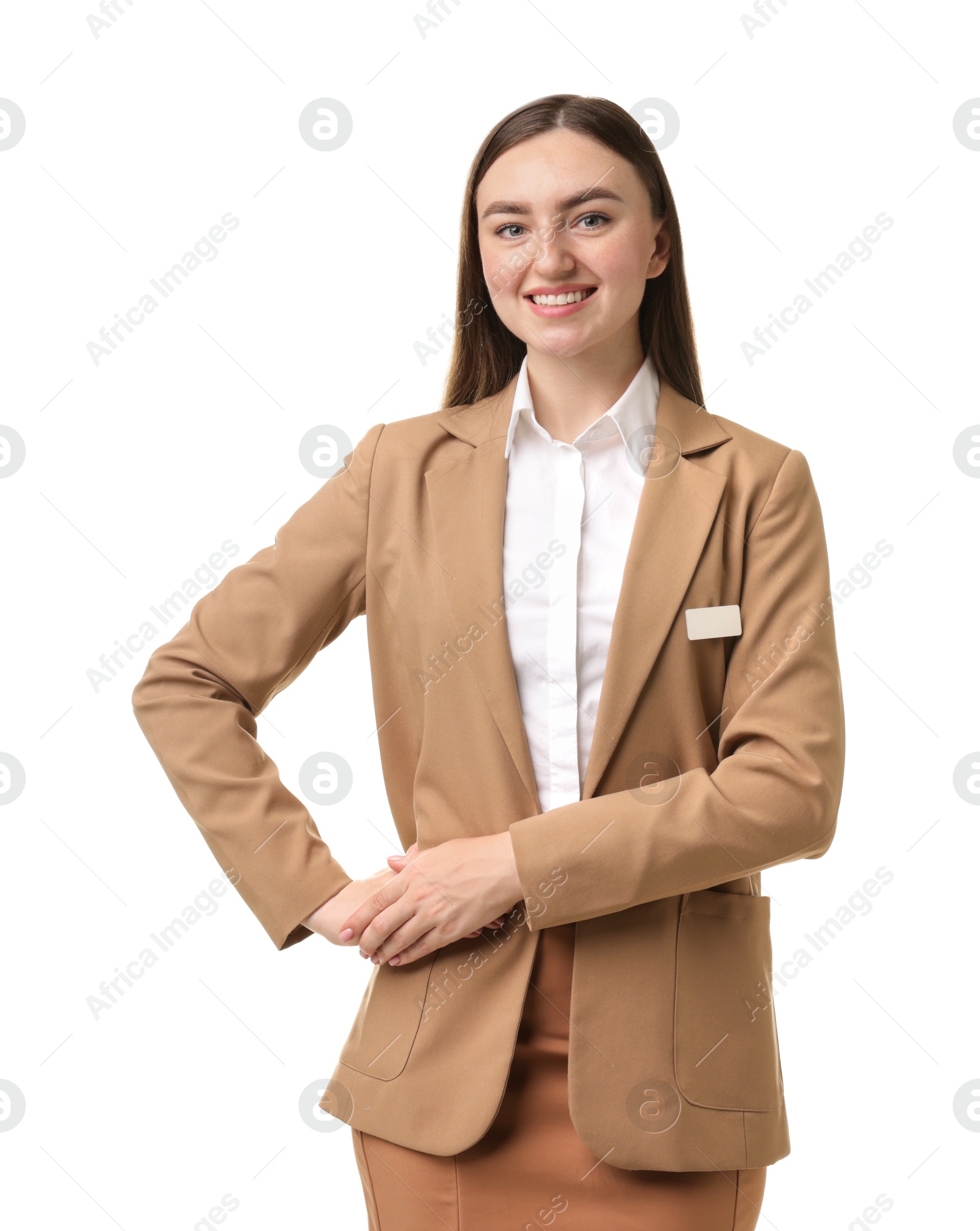 Photo of Portrait of hostess in uniform on white background