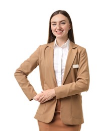 Photo of Portrait of hostess in uniform on white background