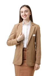 Photo of Portrait of hostess in uniform on white background