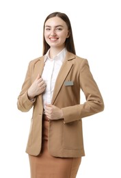 Photo of Portrait of hostess in uniform on white background