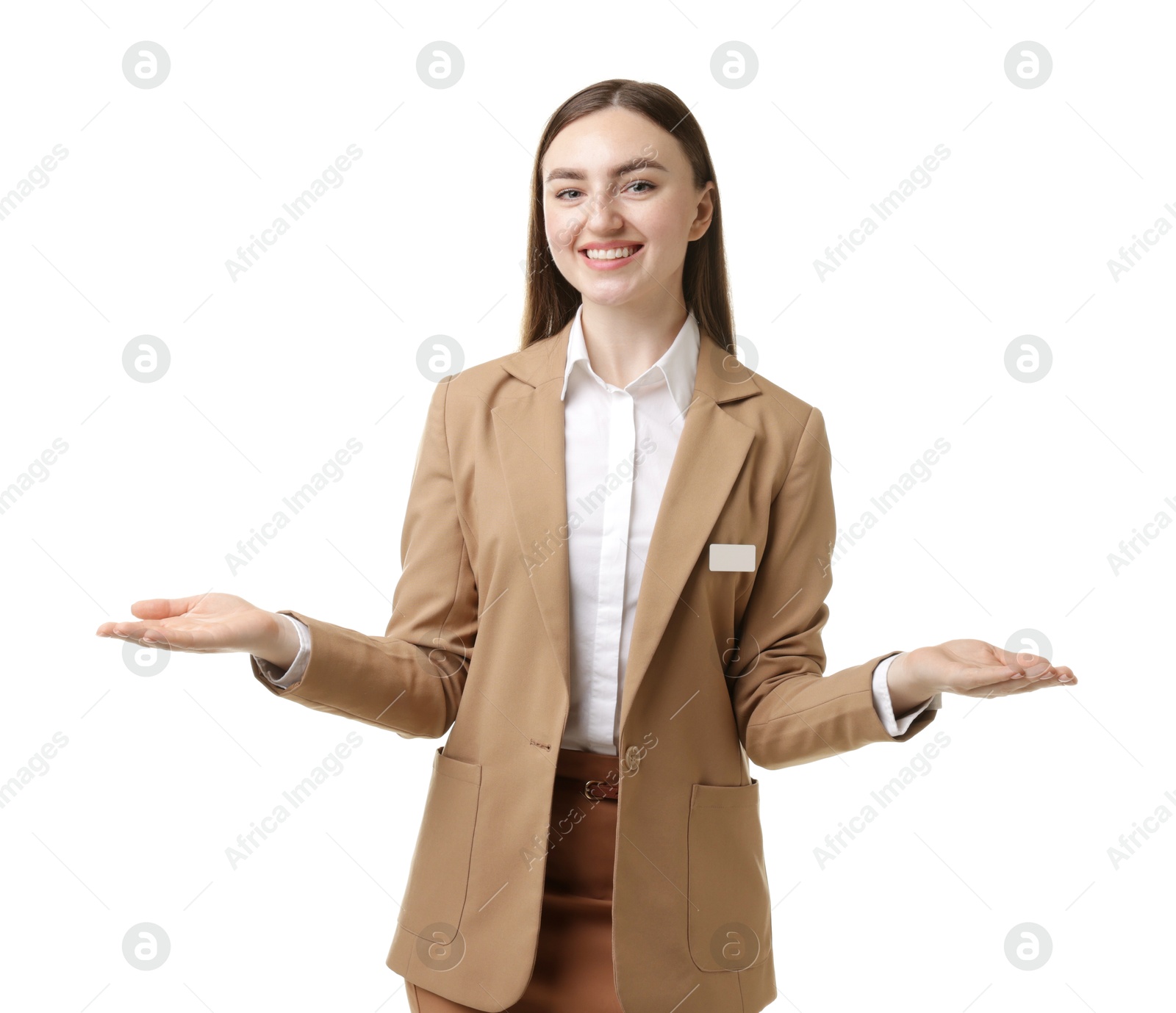 Photo of Portrait of hostess in uniform on white background