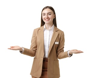 Photo of Portrait of hostess in uniform on white background