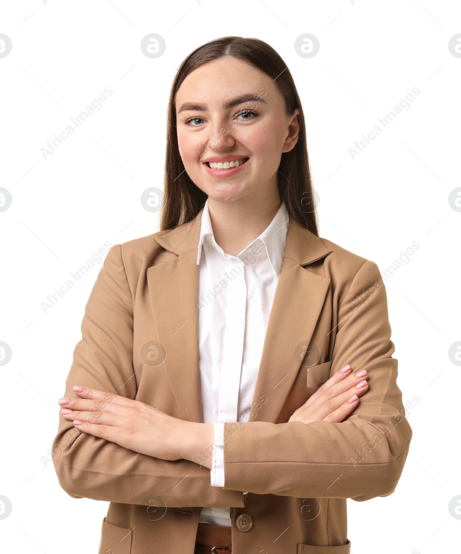 Photo of Portrait of hostess in uniform on white background