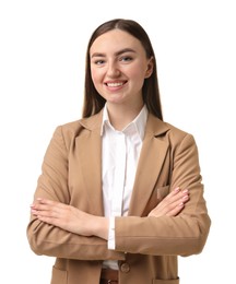 Photo of Portrait of hostess in uniform on white background