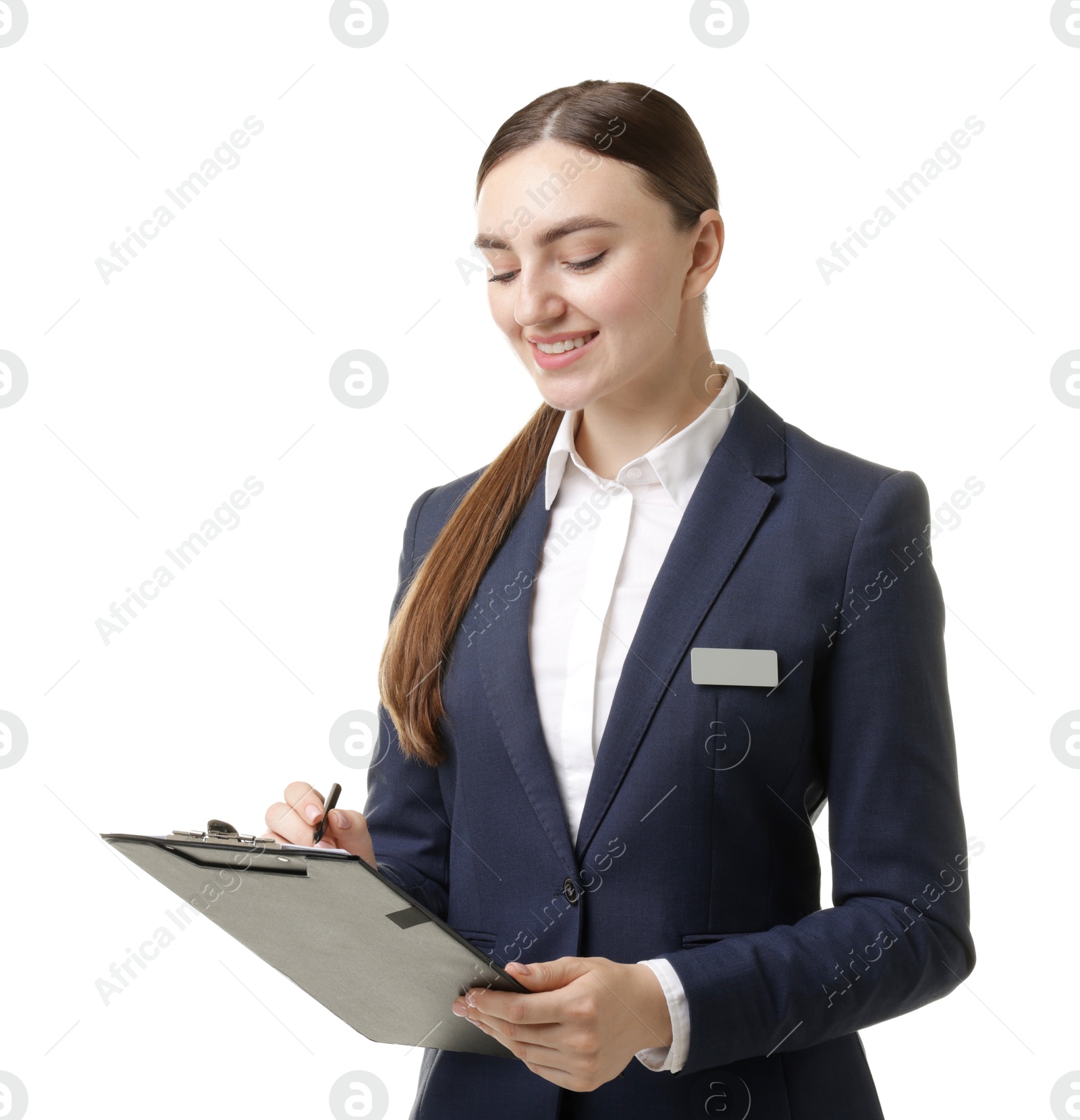 Hostess in uniform with clipboard on white background Photo of Hostess in uniform with clipboard on white background