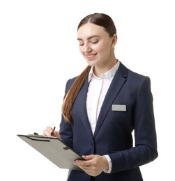 Photo of Hostess in uniform with clipboard on white background