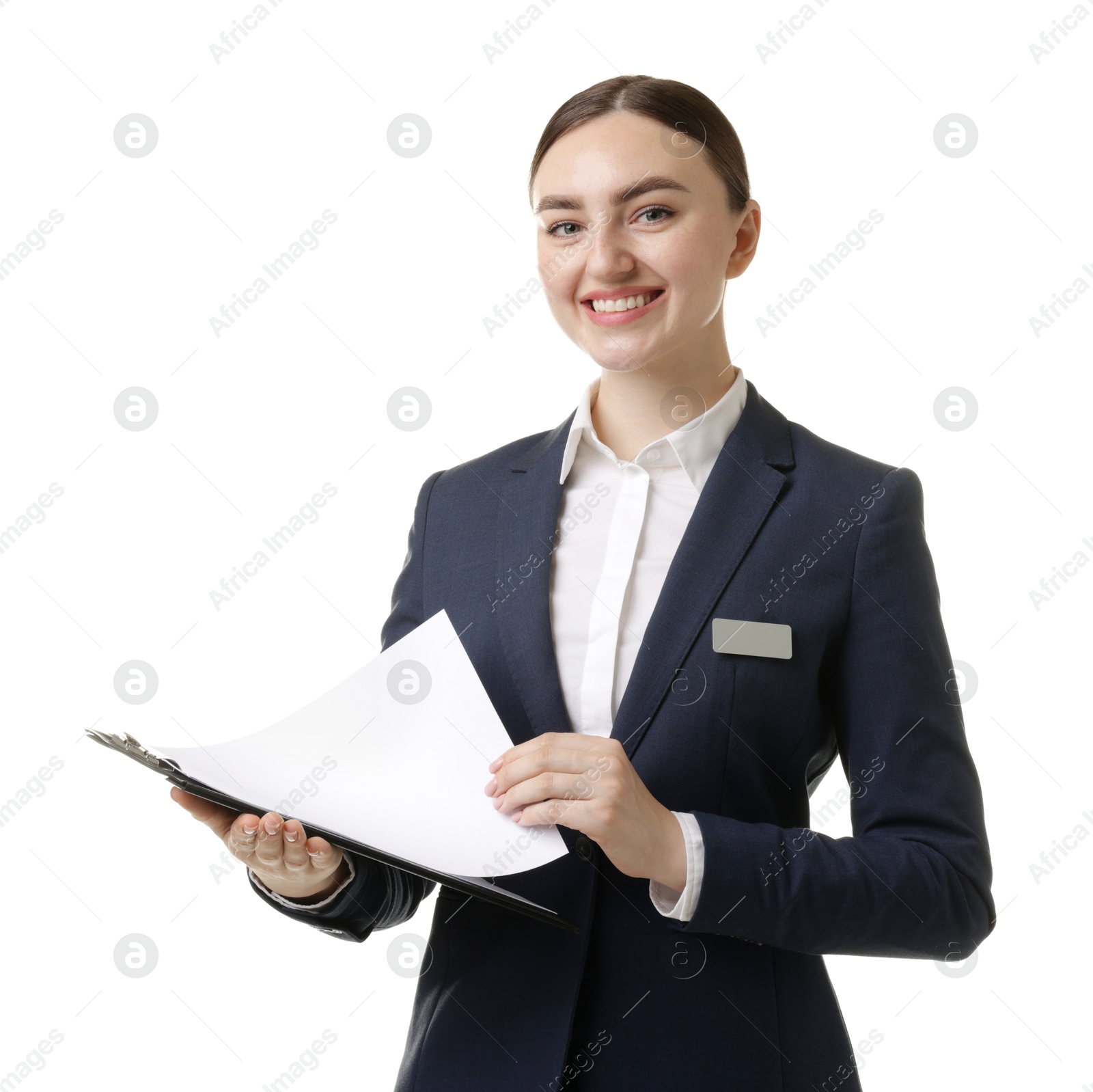 Photo of Hostess in uniform with clipboard on white background