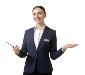 Photo of Hostess in uniform with clipboard on white background