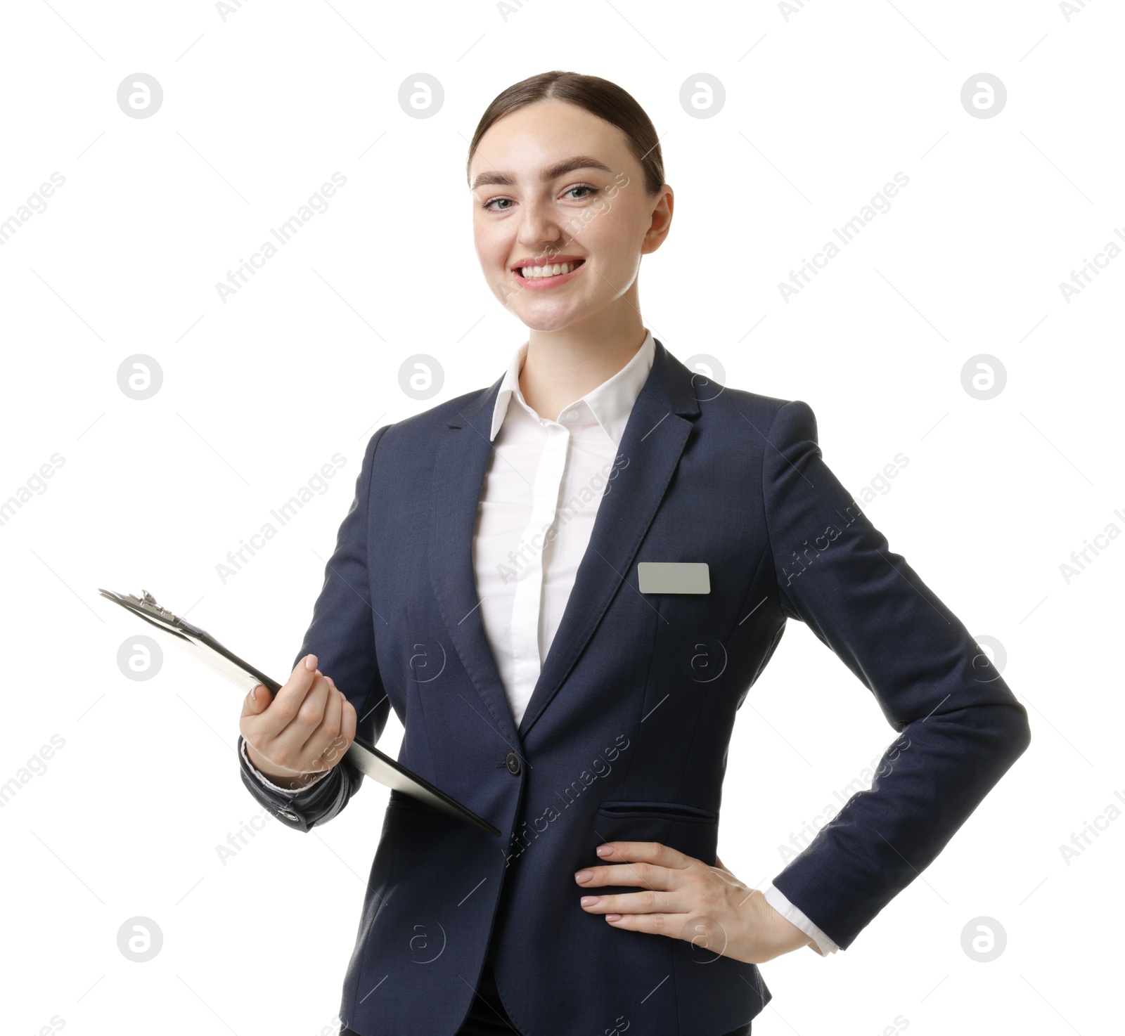 Photo of Hostess in uniform with clipboard on white background