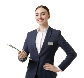 Photo of Hostess in uniform with clipboard on white background