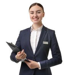 Photo of Hostess in uniform with clipboard on white background