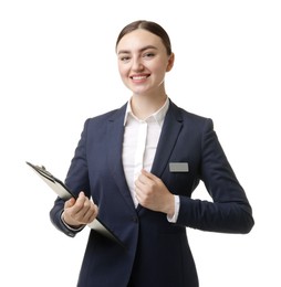 Photo of Hostess in uniform with clipboard on white background