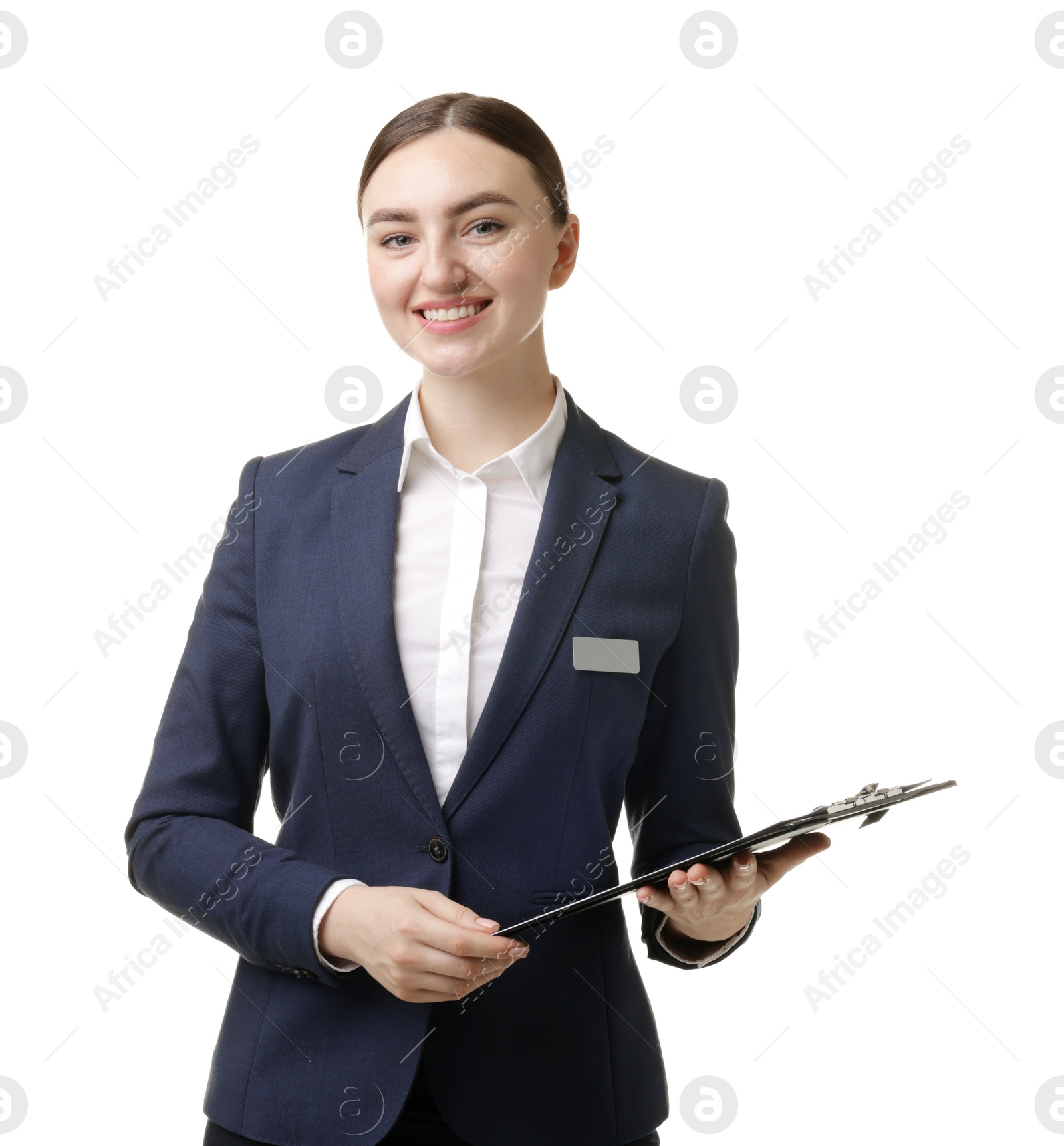 Hostess in uniform with clipboard on white background Photo of Hostess in uniform with clipboard on white background