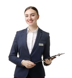 Photo of Hostess in uniform with clipboard on white background