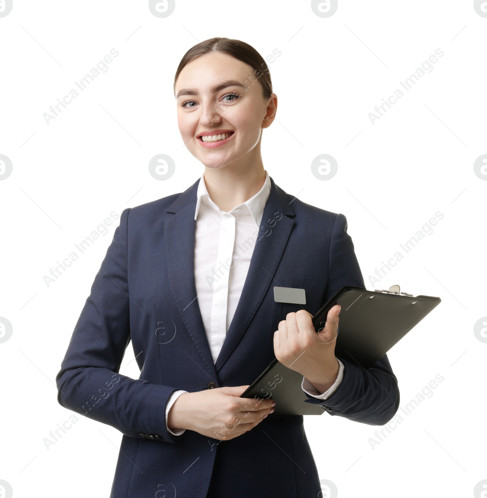 Photo of Hostess in uniform with clipboard on white background