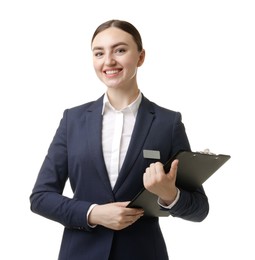 Photo of Hostess in uniform with clipboard on white background