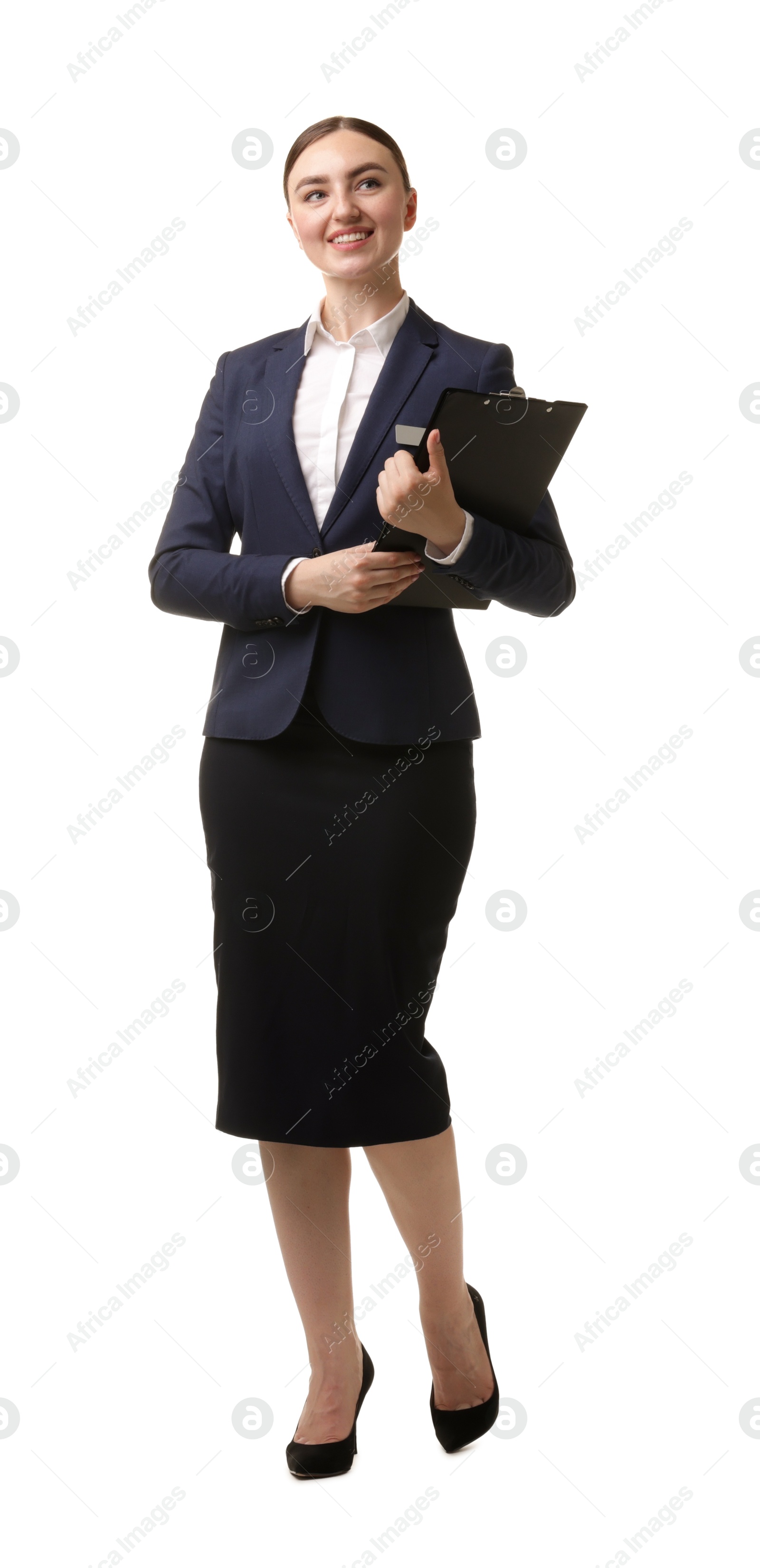 Photo of Hostess in uniform with clipboard on white background