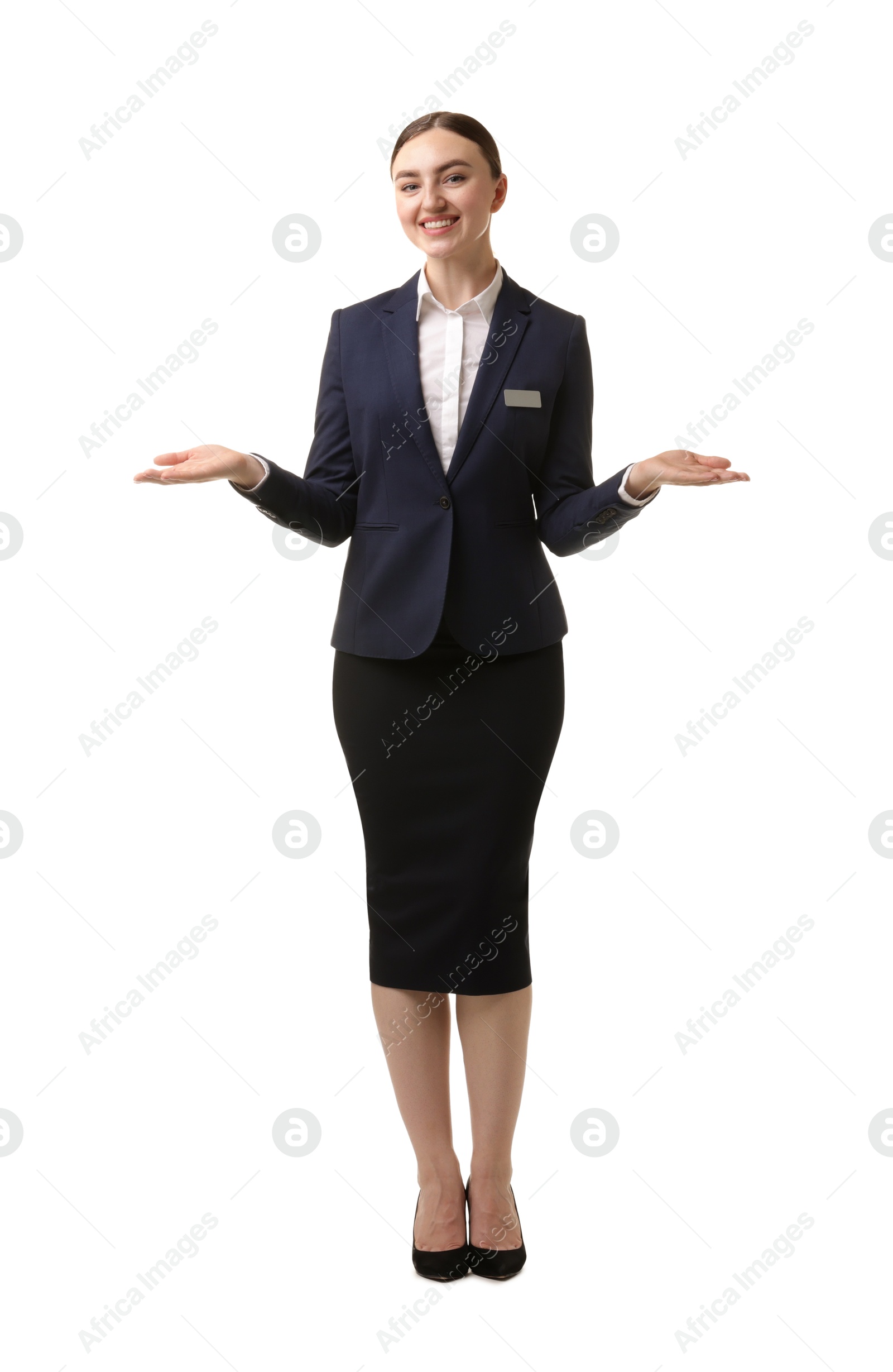 Portrait of hostess in uniform on white background Photo of Portrait of hostess in uniform on white background