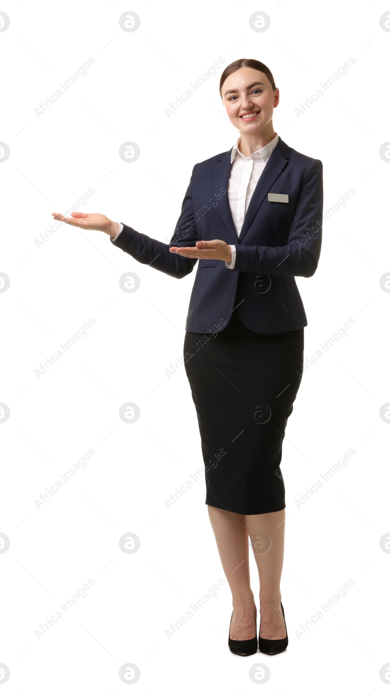 Photo of Portrait of hostess in uniform on white background