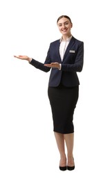 Photo of Portrait of hostess in uniform on white background