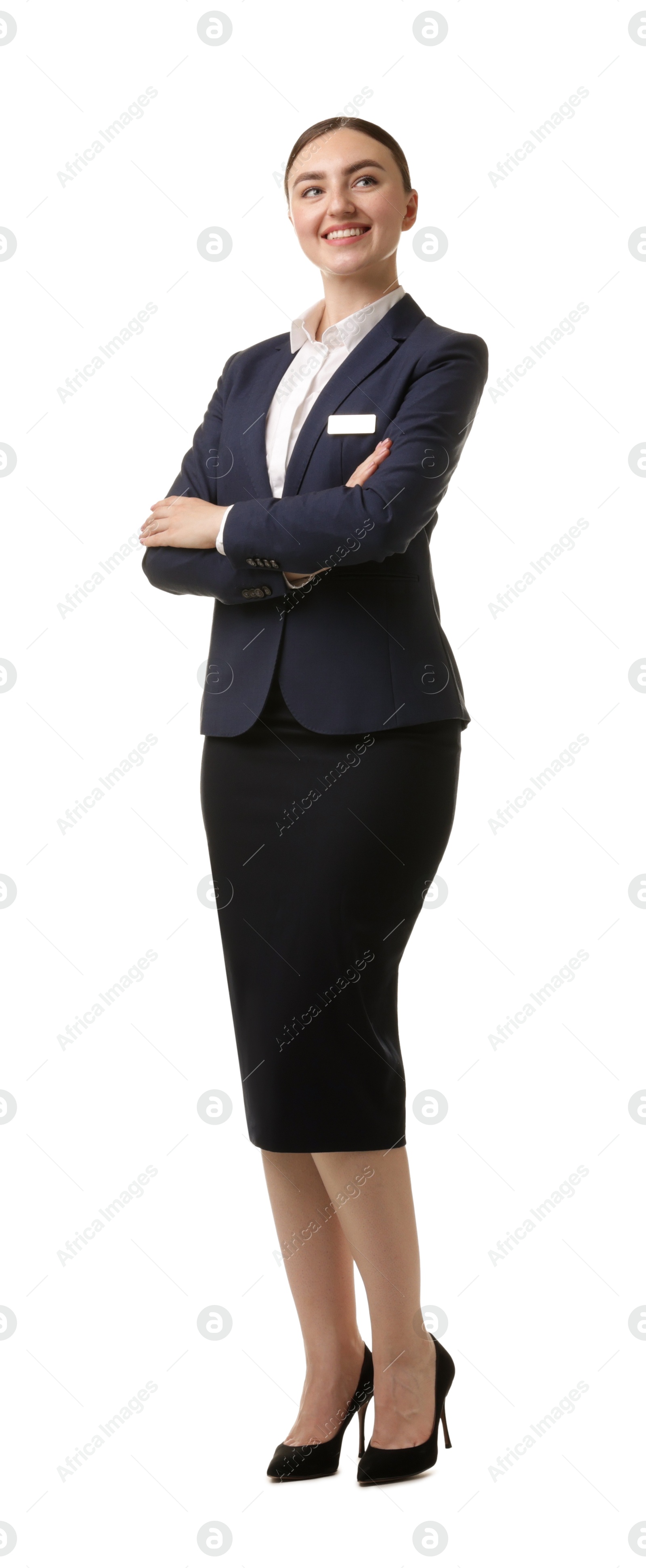 Photo of Portrait of hostess in uniform on white background