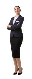 Photo of Portrait of hostess in uniform on white background