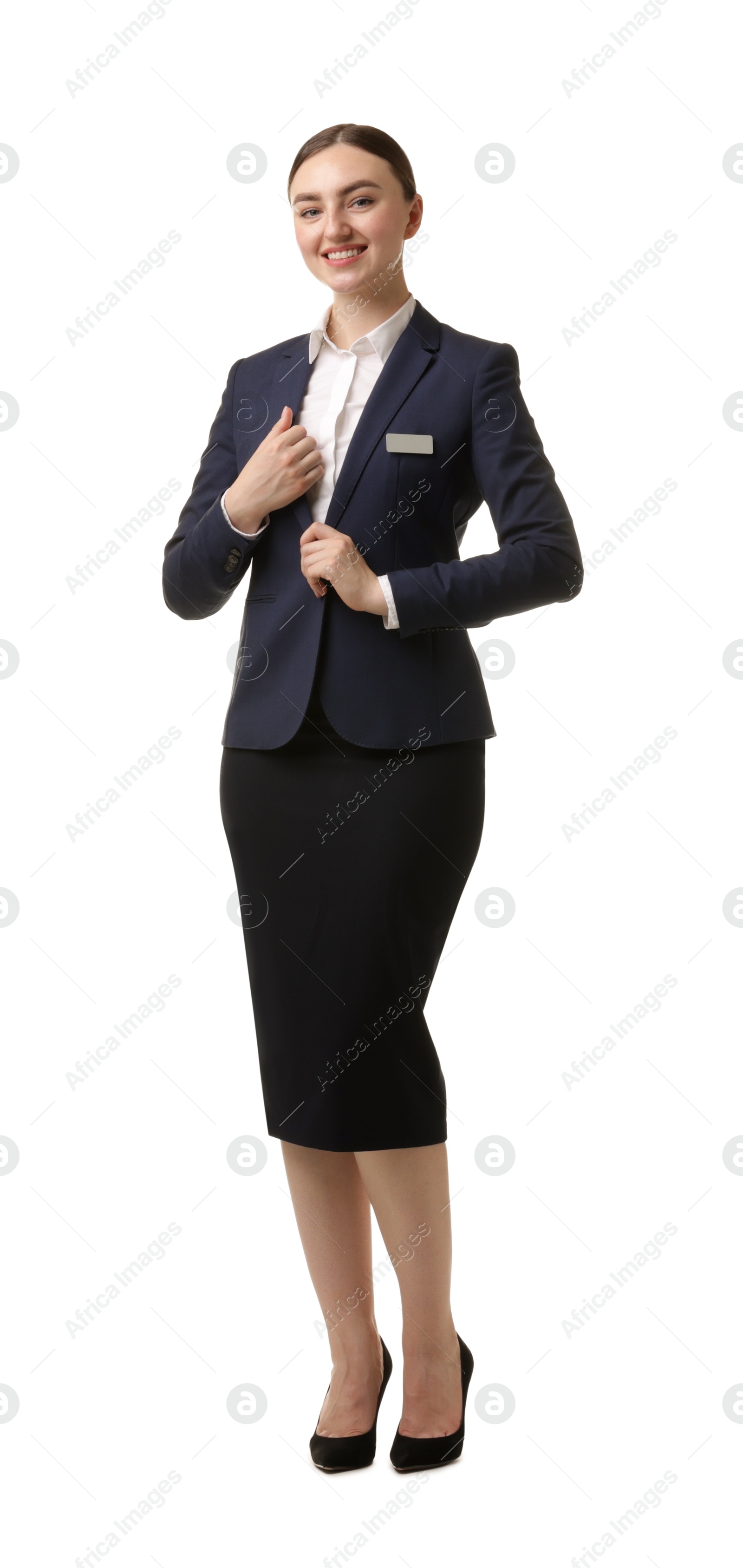 Photo of Portrait of hostess in uniform on white background