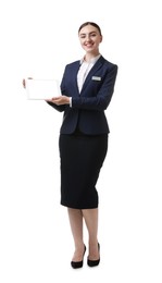 Photo of Hostess in uniform with tablet on white background