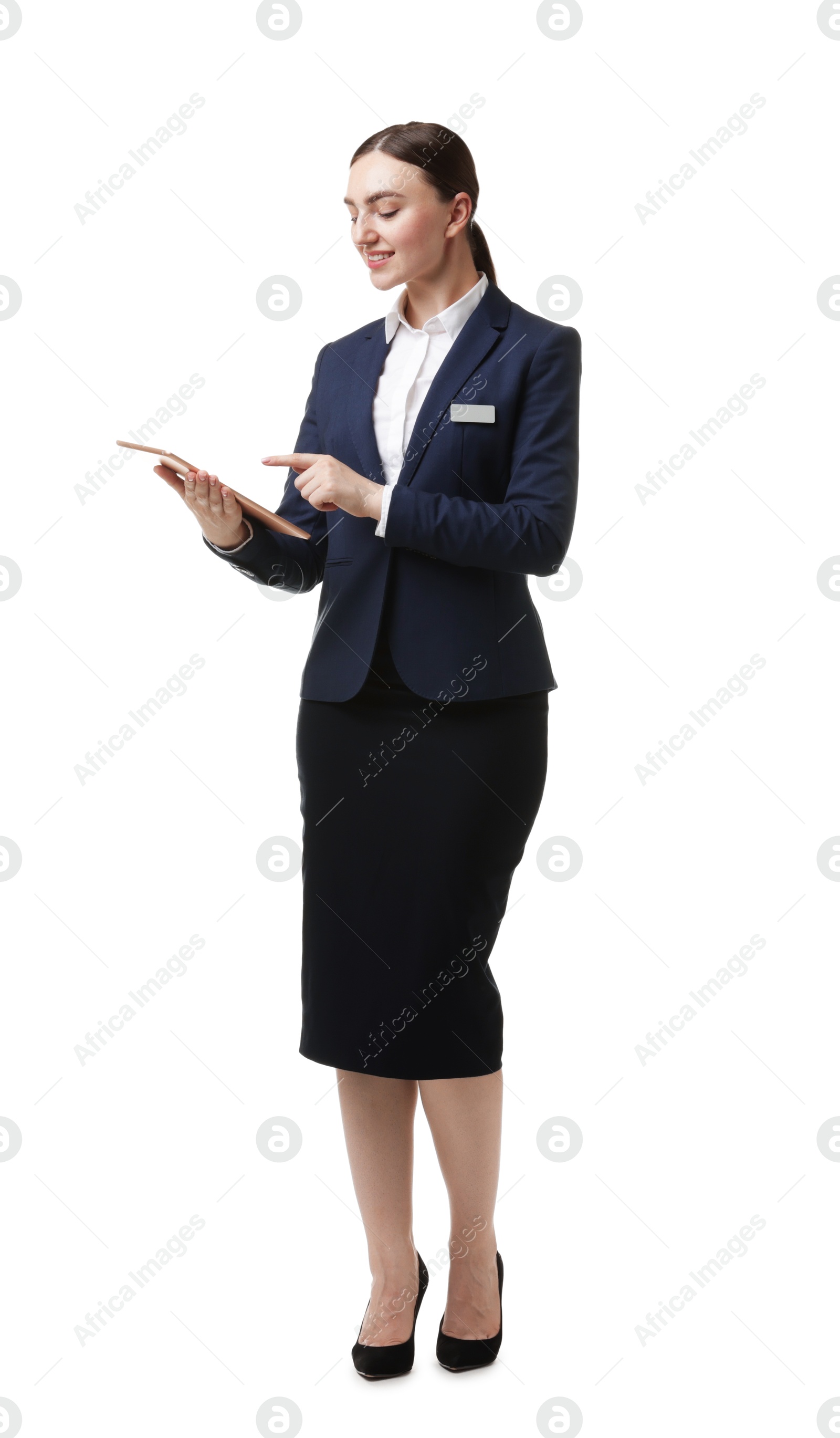 Photo of Hostess in uniform with tablet on white background